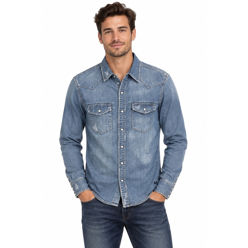 American Eagle Mens Western Denim Shirt Medium Wash Pearl Snap Distressed Small